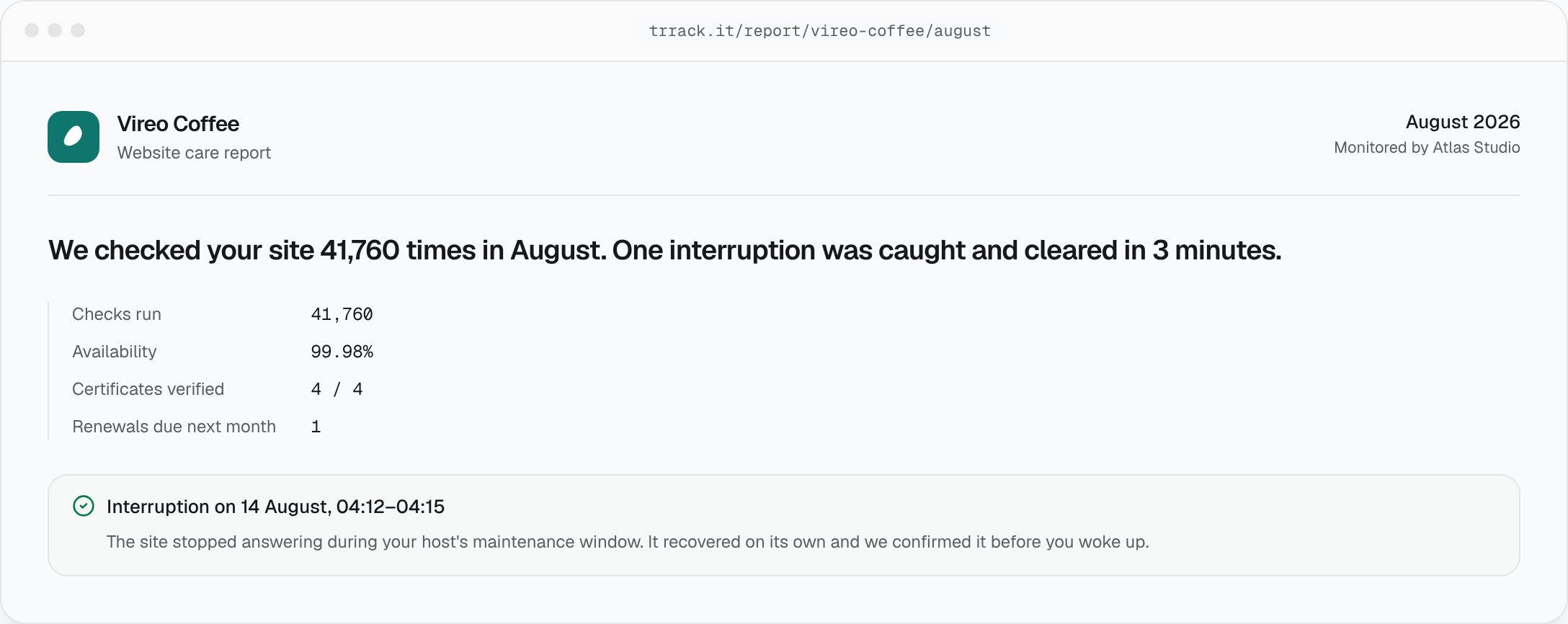 A client's monthly care report: the checks that ran, and the one interruption that was cleared.